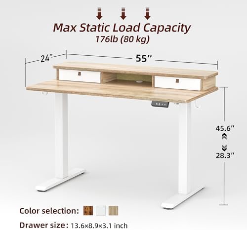 TIQLAB Standing Desk with Two Drawers, Stand Up Standing Desk Adjustable Height, Electric Sit Stand Table with Storage Shelf and Splice Board, 55 * 24 inch, Maple