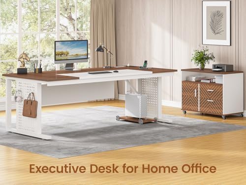 SEDETA 71" Executive Desk with Rolling File Cabinet, Large Office Desk with Drawers, L Shaped Computer Desk with Power Outlets, CPU Stand, Pegboard and Storage Shelves, White