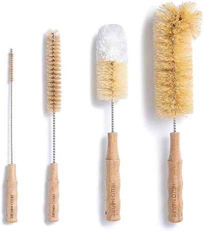 4Pcs Long Handle Bottle Cleaning Brush Set by HELLO NATURE, Sustainable & Biodegradable Natural Fibre Bamboo Handle Brushes Zero-Waste & Plastic Free