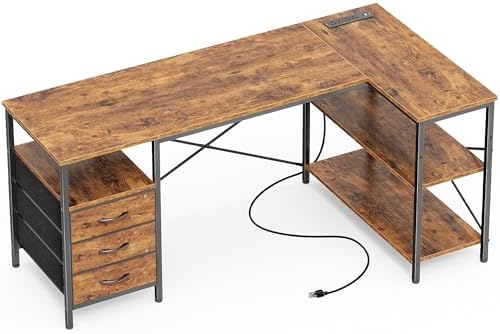 Huuger L Shaped Office Desk with Power Outlets & 3 Drawers