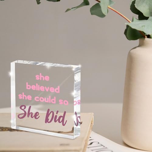 Pink Office Decor - Congratulations Gifts For Women - She Believed She Could So She Did Pink Office Desk Decor Accessories Acrylic Square Shape Sign - Inspirational Gift For Women