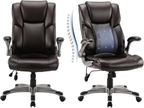 COLAMY Leather Executive Office Chair- High Back Home Computer Desk Chair with Padded Flip-up Arms, Adjustable Tilt Lock, Swivel Rolling Ergonomic Chair for Adult Working Study-Brown, Set of 2