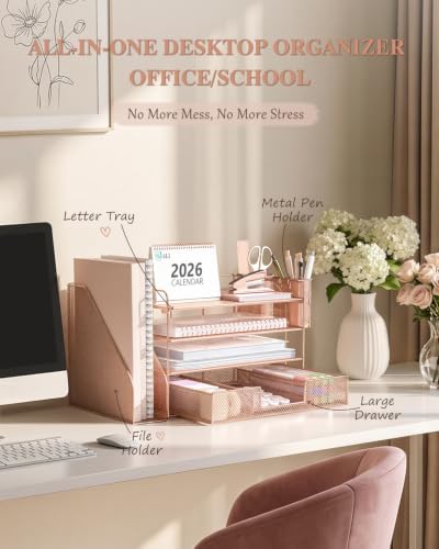WALI Desk File Organizer, 4 Tier Desktop Paper Letter Tray Organizer with Drawer and 2 Pen Holders, Office Desk Accessories & Workspace Organizers for Office, Home, School Supplies, 1 Pack, Rose Gold