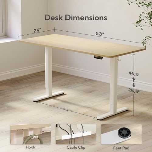 Claiks Electric Height Adjustable Standing Desk, 63x24 Inch, Nature