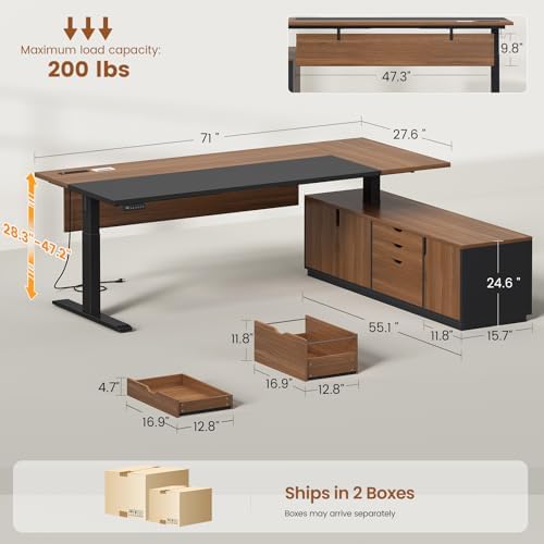 SEDETA 71" Executive L Shaped Electric Standing Desk, Brown