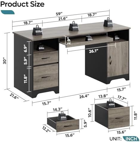 Bestier 59" Executive Desk, File Drawer, Keyboard Tray & 2 Drawers, Gray