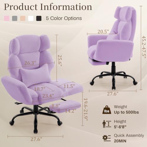 Office Chair with Flip Armrests,Comfy Criss Cross Chair for Pets Sitting,Big and Tall Office Chair with Foot Rest,Extra Wide Seat & Lumbar Pillow,Ergonomic Computer Gaming Chair,Teddy Fleece,Purple