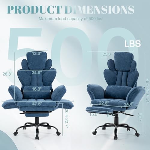 Flip Armrests Criss Cross Office Chair, Reclining Office Chair with Foot Rest, Adjustable Headrest, Massage Waist Pillow, Cross Legged Big and Tall Desk Chair Wide Seat Vanity Chair, Blue Fabric
