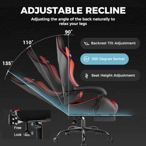 GTPLAYER Gaming Chair, Computer Chair with Footrest and Lumbar Support, Height Adjustable Game Chair with 360°-Swivel Seat and Headrest and for Office or Gaming (Faux Leather, Red)
