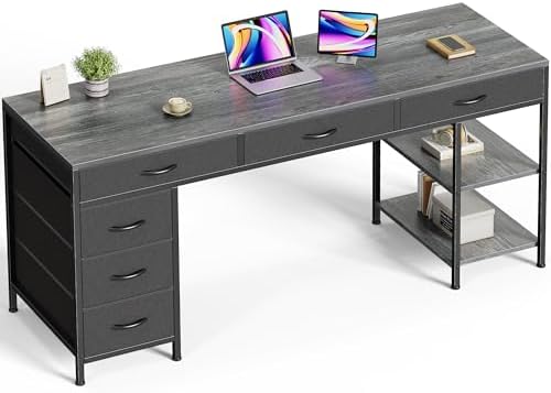 Huuger Computer Desk with 6 Drawers, Office Desk with Shelves, Reversible Gaming Desk, Corner Desk with Storage, Work for Home Office, Study, Living Room, 63inch, Grey