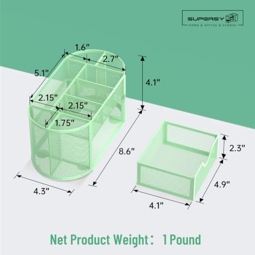 Mesh Desk Organizer with Drawer, 9-Compartment Pen Holder for Desk, Green