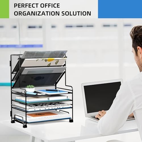 MINDEPOT 4-Tier Paper Organizer + 3-Pocket File Holder + Drawer + Pen Holders, Desktop File Organizers Paper Tray for Office Supplies School Classroom Organization (Black, No Drawer & Pen Holder)