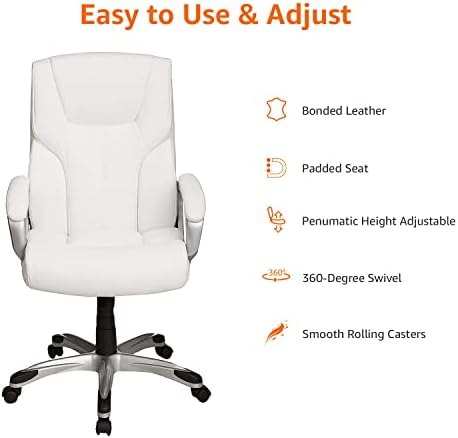 Amazon Basics Executive High Back Office Desk Chair, Adjustable Height, Tilt, Swivel, 275lb Capacity, Bonded Leather, White/Pewter