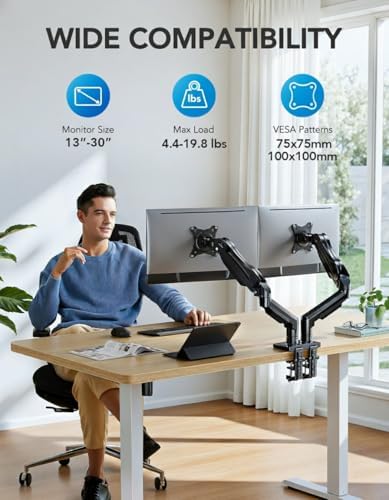 HUANUO FlowLift™ Dual Monitor Stand, Fully Adjustable Gaming Monitor Desk Mount for 13–30″ Computer Screens, Full Motion VESA 75x75/100x100 with C-Clamp & Grommet Base, Each Arm Holds 4.4 to 19.8 lbs