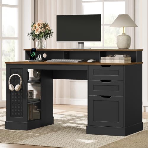 55-inch Farmhouse Executive Desk with 2 Drawers and File Cabinet
