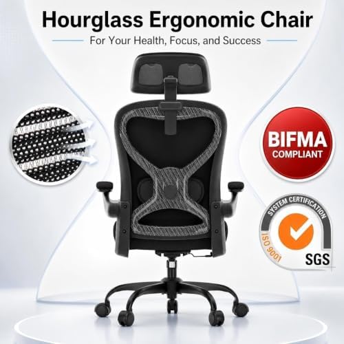 Home Office Desk Chairs, Ergonomic Office Chair with Lumbar Support & 3D Headrest, Computer Desk Chair with Flip-up Armrests, Perfect for Office or Study, Black/Carbon Fiber