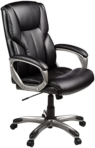 Amazon Basics Executive High Back Office Chair, Adjustable Height, Tilt, Swivel, Padded Seat, Bonded Leather, Wheels, Black/Silver