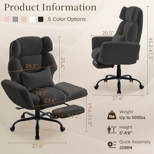 Office Chair with Flip Armrests,Big and Tall Office Chair with Foot Rest,Extra Wide Seat & Lumbar Pillow,Comfy Criss Cross Chair for Pets Sitting,Ergonomic Computer Gaming Chair,Teddy Fleece,Black