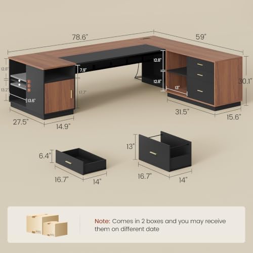 UPOSOJA 78.7" L Shaped Executive Desk with Lateral File Cabinet, Extra Large Office Desk with Drawers & Power Outlets, Modern Corner Computer Desk with Storage Shelves, Business Furniture, Walnut