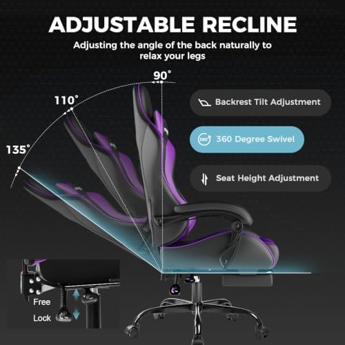 GTPLAYER Gaming Chair, Computer Chair with Footrest and Lumbar Support, Height Adjustable Game Chair with 360°-Swivel Seat and Headrest and for Office or Gaming (Faux Leather, Purple)