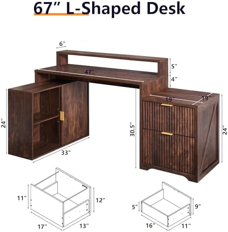 67" Modern Desk with Storage Cabinet & 2 Drawers, Built‑in Outlet