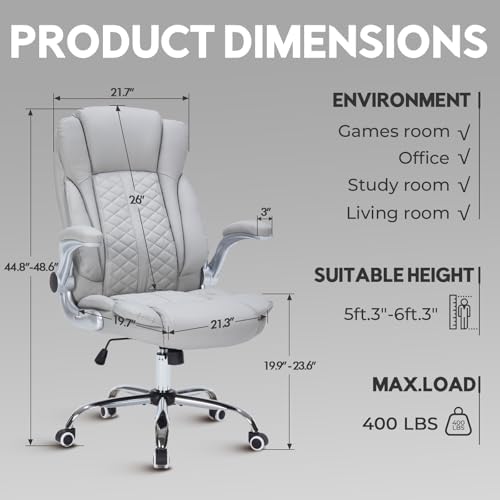 400lbs Executive Office Chair with Flip-Up Armrests, Big and Tall Computer Chair for Heavy People, Heavy Duty Ergonomic Comfy Chair, Breathable PU Leather (Grey)