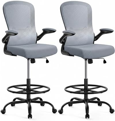 ErGear Drafting Chair,Tall Office Chair with Flip-Up Armrests, High Desk Chair Adjustable Height and Adjustable Footrest Ring, Ergonomic Standing Desk Chair with Lumbar Support, Blue,2 Pack