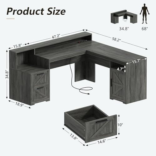 63" Farmhouse L Shaped Desk with Drawers & Printer Shelf for Home Office