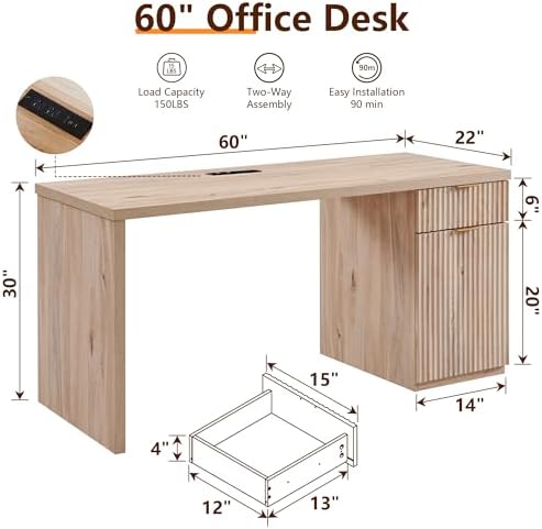 60" Fluted Office Home Desk, Reversible Left‑Right Cabinet, Built‑in Outlet