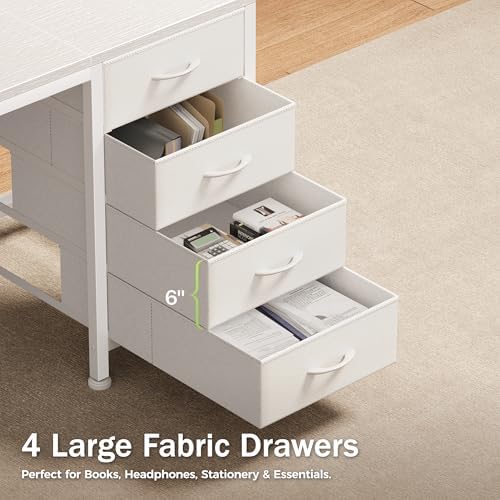 PRAISUN 55.1 Inch Computer Office Desk with Power Outelts and USB-C Port, Reversible Gaming Desk with 4 Fabric Drawers, Work Study Desk Work from Home, White