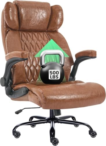 500lbs Big and Tall Office Chair Adjustable Lumbar Support for Back Pain, Extra Wide Seat Executive Office Chair Thick Armrest Pad, Heavy Duty Base&Upgraded Wheels, Ergonomic Desk Chair (Brown)