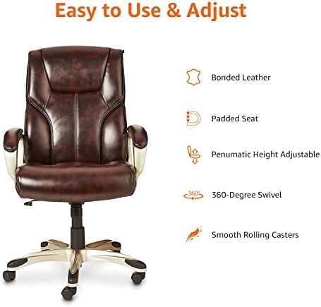 Amazon Basics Executive High Back Office Chair, Adjustable Height, Tilt, Swivel, Padded Armrests, Brown/Gold