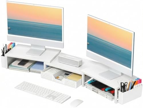 OPNICE Desk Organizers and Accessories, Dual Monitor Stand Riser with Drawer and 2 Pen Holders, Desk Shelf Computer Racks for Office Workspace Organizers, Desktop Organization (White)