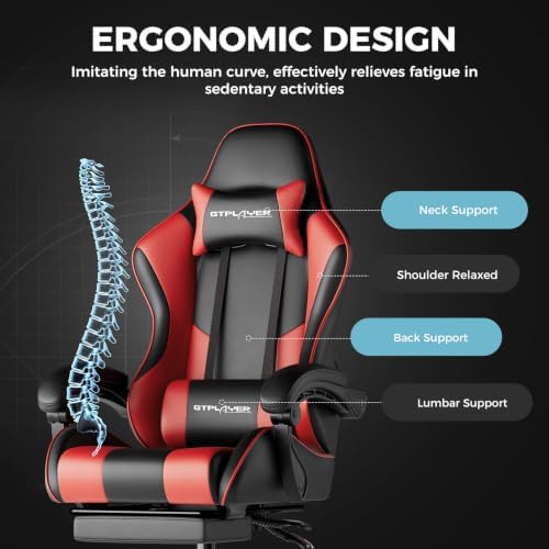 GTPLAYER Gaming Chair, Computer Chair with Footrest and Lumbar Support, Height Adjustable Game Chair with 360°-Swivel Seat and Headrest and for Office or Gaming (Faux Leather, Red)