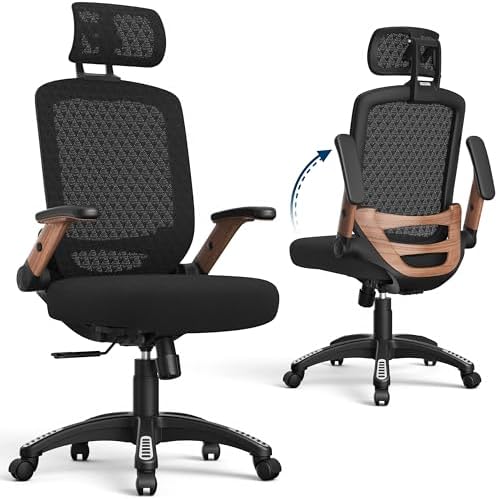 GABRYLLY Ergonomic Office Chair, High Back Home Desk Chair with Flip-Up Arms, 3D Headrest, Thick Sponge Seat &90-120° Recline, Big and Tall Mesh Executive Chairs for Man Woman, Black Woodgrain