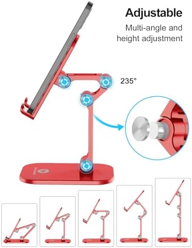 OCYCLONE Phone Stand, Adjustable Height and Angle Foldable Cell Phone Stand Holder for Desk, Taller iPhone Stand Compatible with 4.7"-13" Smartphones iPad Tablet, Red