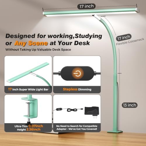 Airlonv LED Desk Lamp with Clamp, 17" Stepless Dimming Light, Mint Green