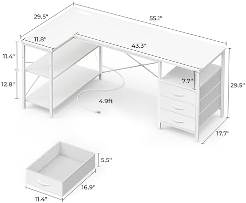 Huuger L Shaped Office Desk with Power Outlets & 3 Drawers