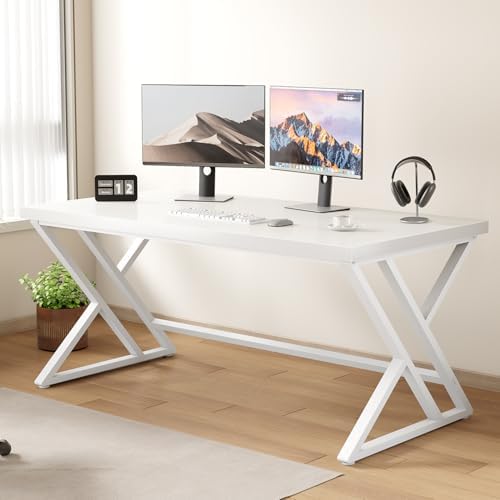 LVB 55 Inch White Modern Computer Office Desk Metal & Wood Writing Desks
