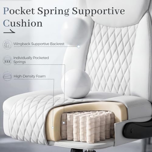 GTPOFFICE Executive Office Chair with Comfortable Lumbar Support, Ergonomic Gaming Chair with Flip-up Armrests & Zoned Pressure-Relief Cushion, Comfy PU Leather Desk Chair, White