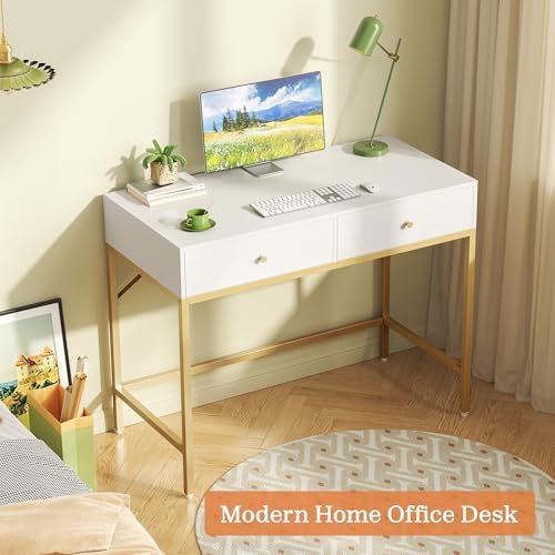 SUPERJARE 31.5" White and Gold Desk with 2 Drawers, Modern Vanity Desk