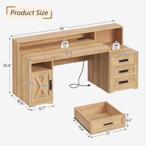 65" Farmhouse Computer Desk with Drawers and Printer Stand for Home Office
