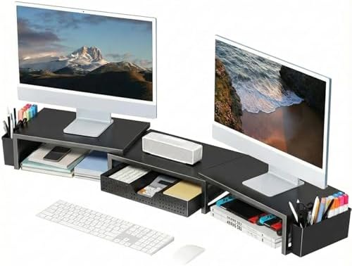 OPNICE Desk Organizers and Accessories, Dual Monitor Stand Riser with Drawer and 2 Pen Holders, Desk Shelf Computer Racks for Office Workspace Organizers, Desktop Organization (Black)