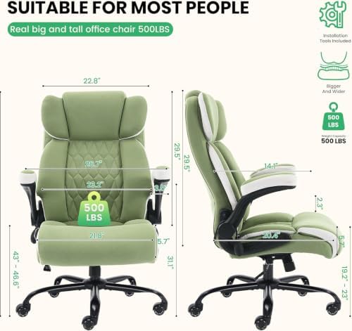 500lbs Big and Tall Office Chair Adjustable Lumbar Support for Back Pain, Extra Wide Seat Executive Office Chair Thick Armrest Pad, Heavy Duty Base&Upgraded Wheels, Ergonomic Desk Chair (Green)
