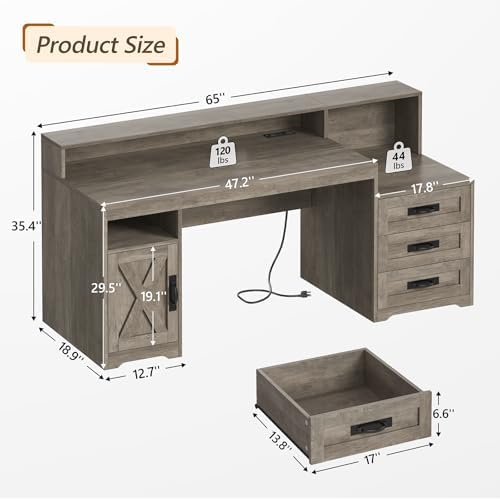 65" Farmhouse Computer Desk with Drawers and Printer Stand for Home Office