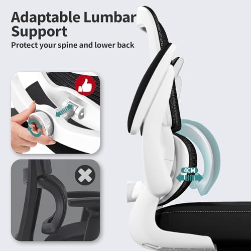 TRALT Office Chair - Ergonomic Desk Chair with Adjustable Lumbar Support, Mesh Computer Chair, Executive Chair for Home Office Comfortable Lumbar Support (1, White+Black)