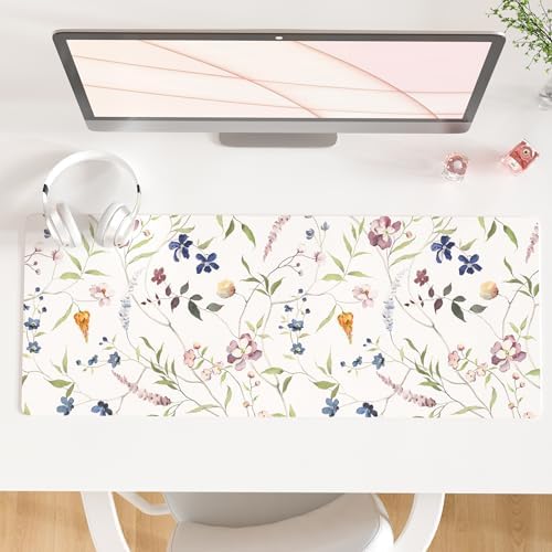 QiyI PU Leather Large Mouse Pad, 31.5" x 11.8", Watercolor Flowers