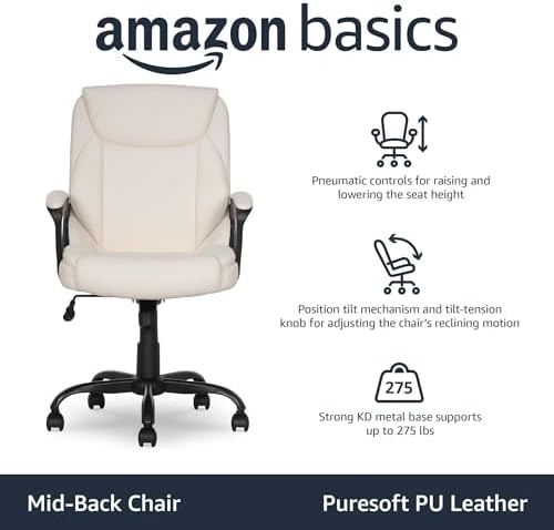Amazon Basics Classic Puresoft PU Padded Mid-Back Office Chair with Armrest, Height Adjustable, Easy to Assemble, 26"D x 23.75"W x 42"H, Cream