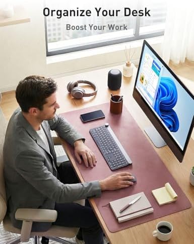 Aothia Faux Leather Desk Mat - Non-Slip PU Leather Desk Blotter, Waterproof Writing Surface, Large Desk Pad for Office & Home (Dark Pink, 55" x 17")