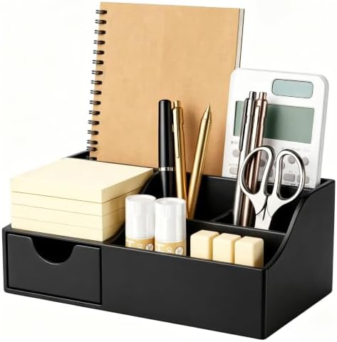 HBlife Acrylic Desk Organizer with Drawer, Pen & Pencil Holder, Multifunctional Desktop Caddy for Office Supply and Organization (Black)